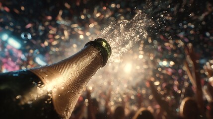 Sparkling Champagne Bottle Opening with Splashing Bubbles in Festive Celebration Atmosphere