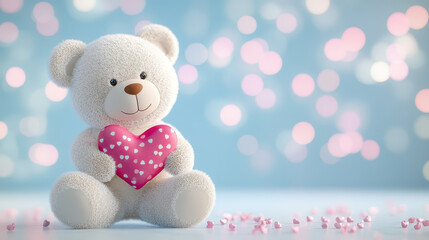 White teddy bear holding pink heart with small white hearts, soft plush toy sitting on surface with bokeh lights and scattered tiny heart confetti, romantic cute valentine scene