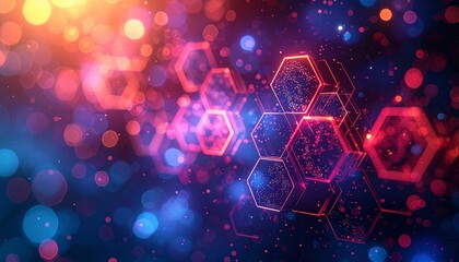 Vibrant Hexagonal Pattern with Neon Lights and Bokeh Effect.