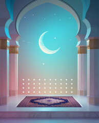 Shab-e-Meraj spiritual background with 3D mosque, crescent moon and stars, Generative AI