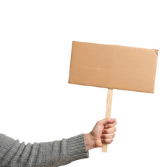 Person holding a blank cardboard sign isolated on transparent background