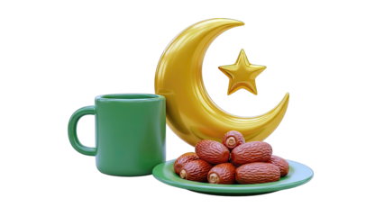Ramadan symbols: Dates, mug, crescent moon, and star