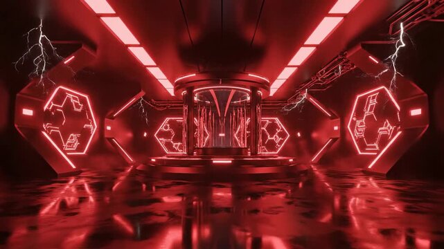 Abstract red interior futuristic environment with glowing geometric shapes