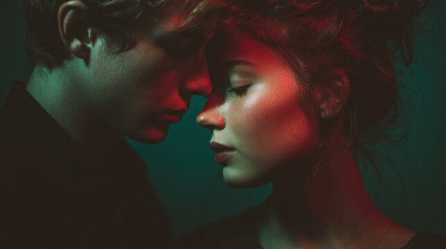 Intimate romantic couple portrait with touching foreheads illuminated by teal shadows and warm red highlights creating a deep emotional mood