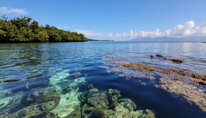 Crystal clear turquoise water reveals vibrant coral reefs teeming with marine life under a brilliant blue sky