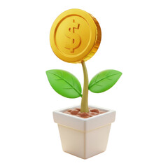 Golden coin growing on a plant in a white pot symbolizing financial growth isolated on transparent background