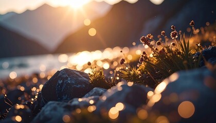 Serene landscape with rocks and grass at sunrise or sunset.