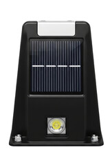Black outdoor garden solar light with bright lamp and top panel isolated on a transparent background