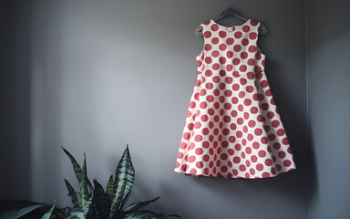 Polka dot dress displayed against a grey wall, complemented by a plant.