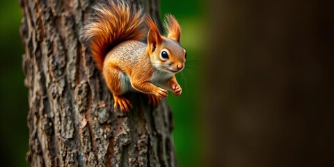 Fototapeta premium Adorable wild squirrel playfully scurrying up a tree trunk, its bushy tail a blur of motion, embodying lively woodland spirit, movement, park