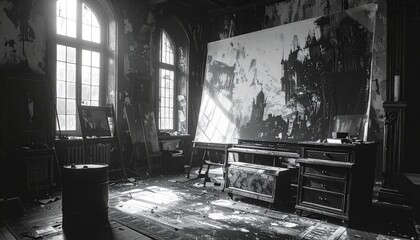 Abandoned artist studio with large canvas and natural light.