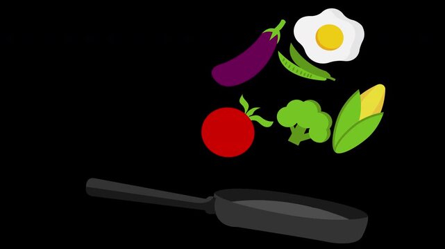 Fresh vegetables and egg falling into frying pan cooking animation
