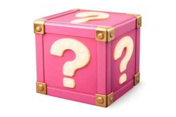 Pink question mark box with golden trim, representing mystery, surprise, and hidden treasures, 3d rendering with transparent background