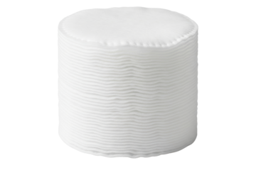 Tall stack of soft white round cotton makeup remover pads isolated on a transparent background