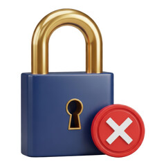 Blue padlock with gold accents and red forbidden sign isolated on transparent background