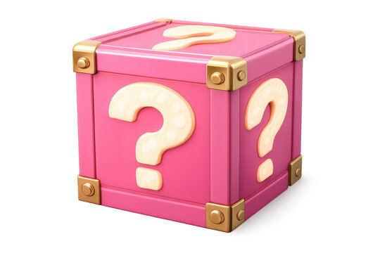 Pink question mark box with golden trim, representing mystery, surprise, and hidden treasures, 3d rendering with transparent background
