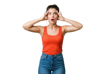 Surprised woman with hands on head isolated on transparent background