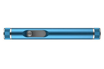 Blue cylindrical metal laser pointer pen with side button isolated on a transparent background