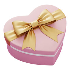 Pink heart shaped gift box with gold bow on top isolated on transparent background