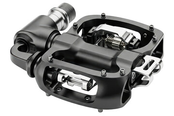 Black metal bicycle pedal for outdoor cycling sports isolated on a transparent background
