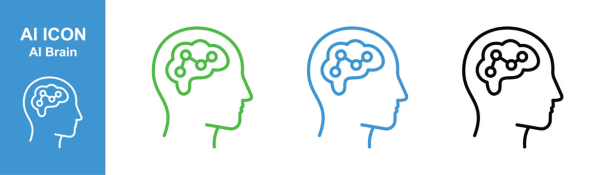 ai brain head icon set with neural network connections for machine learning design