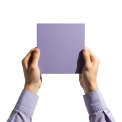 Hands holding a purple card isolated on transparent background for mockup
