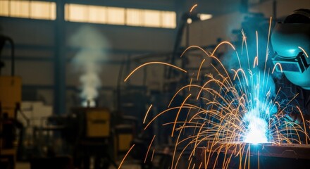 Intense welding operation showcases sparks and worker's protective gear in factory setting