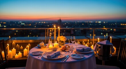 Romantic dinner setting with city view in the evening creates a calm and luxurious atmosphere