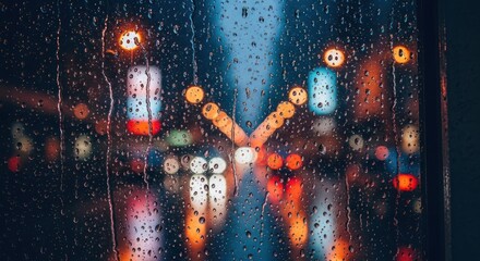 City Lights Through Rain-Streaked Window: A Captivating Atmospheric Perspective of Urban Life