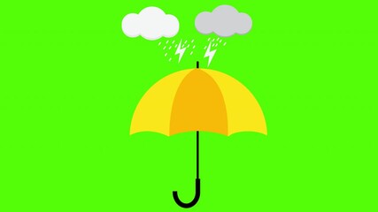 Yellow umbrella protecting from rain and lightning green screen animation