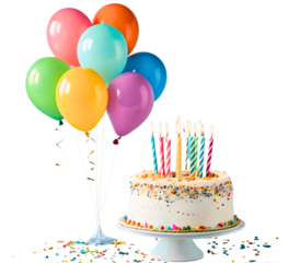 birthday cake with colorful balloons and candles isolated on white  transparent background