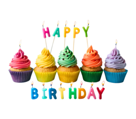 colorful cupcakes with birthday message and candles on top isolated on white  transparent background