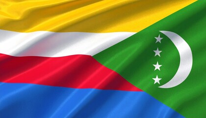 Comoros national flag with yellow, white, red, and blue stripes, green triangle, crescent, and four stars.