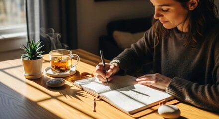 Woman writing in a journal with tea in a sunlit room evokes peaceful productivity and reflection