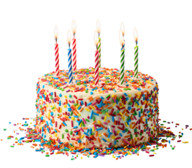 A white cake with colorful sprinkles and lit candles on top isolated on white  transparent background