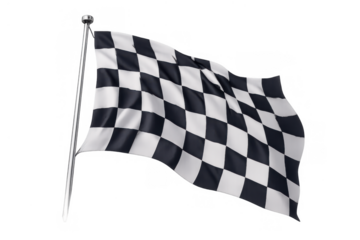 Checkered flag waving on a pole, symbolizing win, victory, racing, finish line, and success in motor sport