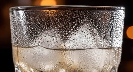 Refreshing beverage in clear glass adorned with moisture droplets creating a tactile feel