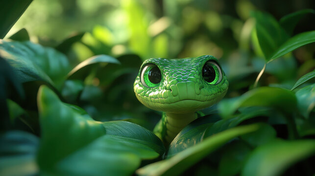 Green tree python peeking through glossy tropical leaves with curious bright eyes conveying wonder and calm in soft natural light