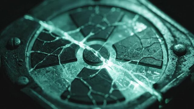 Broken Radiation Symbol with Cracks and Turquoise Lighting, Macro Shot of Damaged Radioactive Warning Sign for Safety