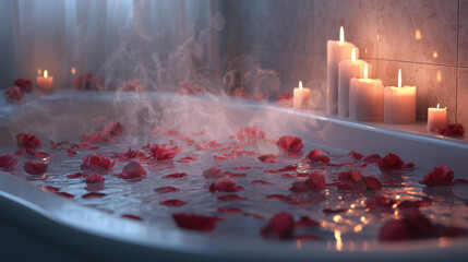 Romantic candlelit bathtub filled with water rose petals and gentle steam creating a calm luxurious spa mood indoors