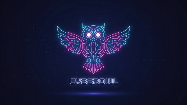 Vibrant neon cyber owl emblem glowing with intricate circuit patterns and digital luminescence