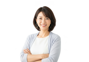 Smiling asian woman in casual outfit isolated on transparent background
