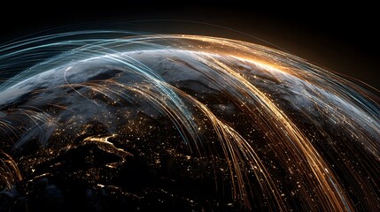 Illuminated globe with dynamic lines overlay, representing global connectivity and data flow