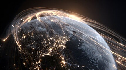 A digitally rendered view of Earth with illuminated city lights and ethereal light trails swirling