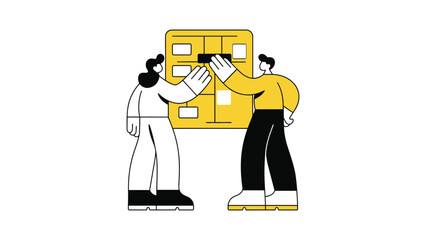 Two people collaborating on a strategy board, planning and brainstorming ideas together.