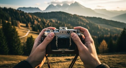 Capturing landscapes and vintage cameras in the forest mountains during sunset hours
