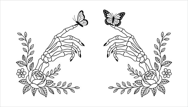 Skeleton hands with flowers and butterflies bone rose white background.