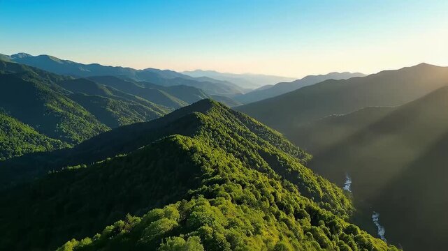 An expansive aerial perspective showcases majestic mountain ranges, their undulating peaks and deep valleys cloaked in lush green forests. The scene is bathed in the soft, golden glow of a rising or s