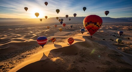 Balloons ascend over vast desert landscape at dawn offering a scenic adventure and horizon glow