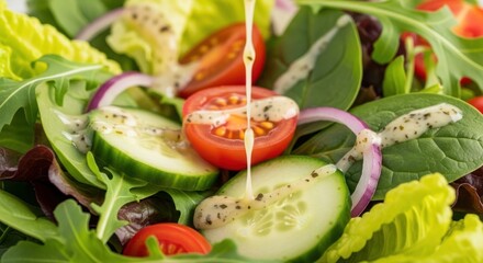 Fresh and Vibrant Salad with a Creamy Dressing Drizzling Over Crisp Vegetables Preparation
